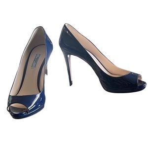 Prada Navy Blue Patent Peep Toe Heels Shoes Sz 40